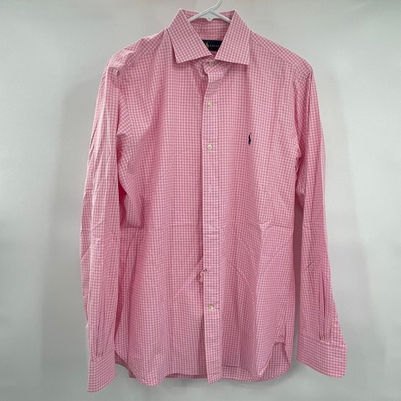 Ralph‎ Lauren Pink Gingham Check Dress Shirt Long Sleeve Logo Size 15.5 34/35 - Picture 2 of 7